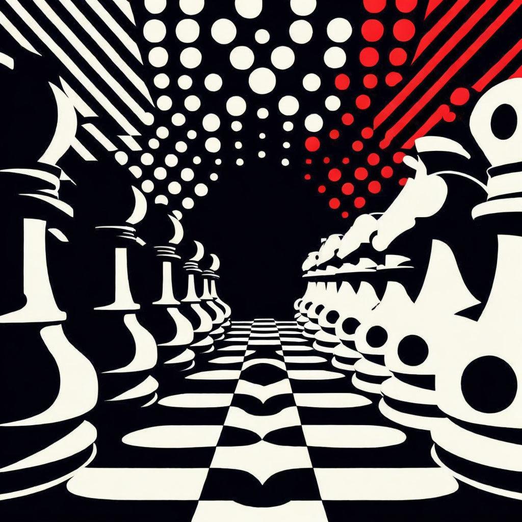 Monochrome chessboard illusion with chess pieces under red and white ceiling