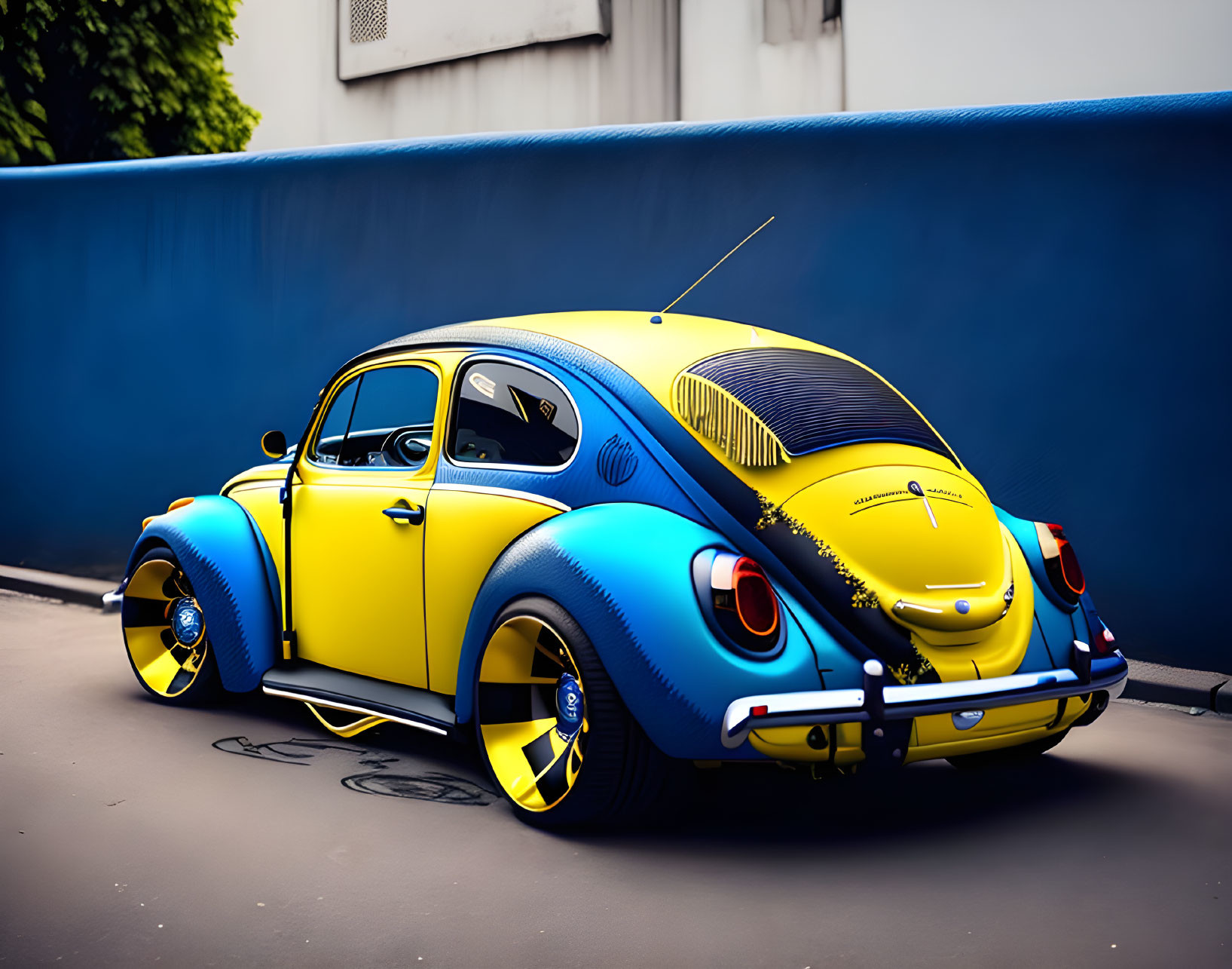 Custom blue and yellow Volkswagen Beetle with unique wheels against blue wall