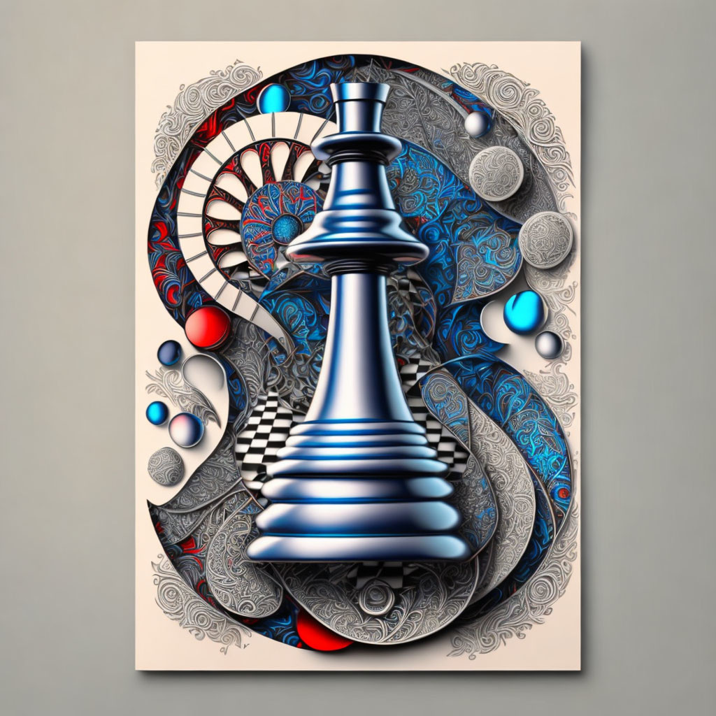 Blue chess piece on ornate board with spiralling checker pattern and floating spheres