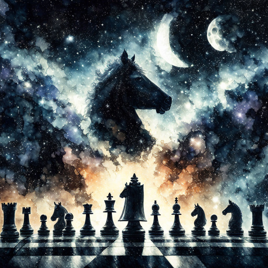 Majestic horse silhouette in cosmic artwork with moon and chessboard