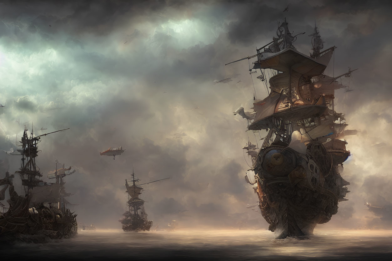 Surreal artwork: Floating ships in dark, cloudy skies with light patch