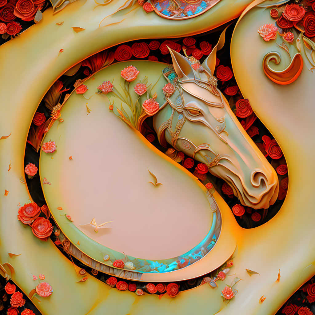 Ornate digital artwork of stylized horse head with swirling patterns and rich colors