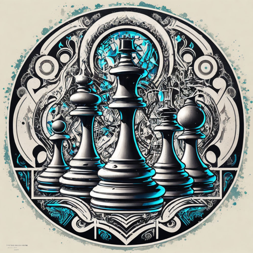 Stylized chess pieces in ornate circular motif