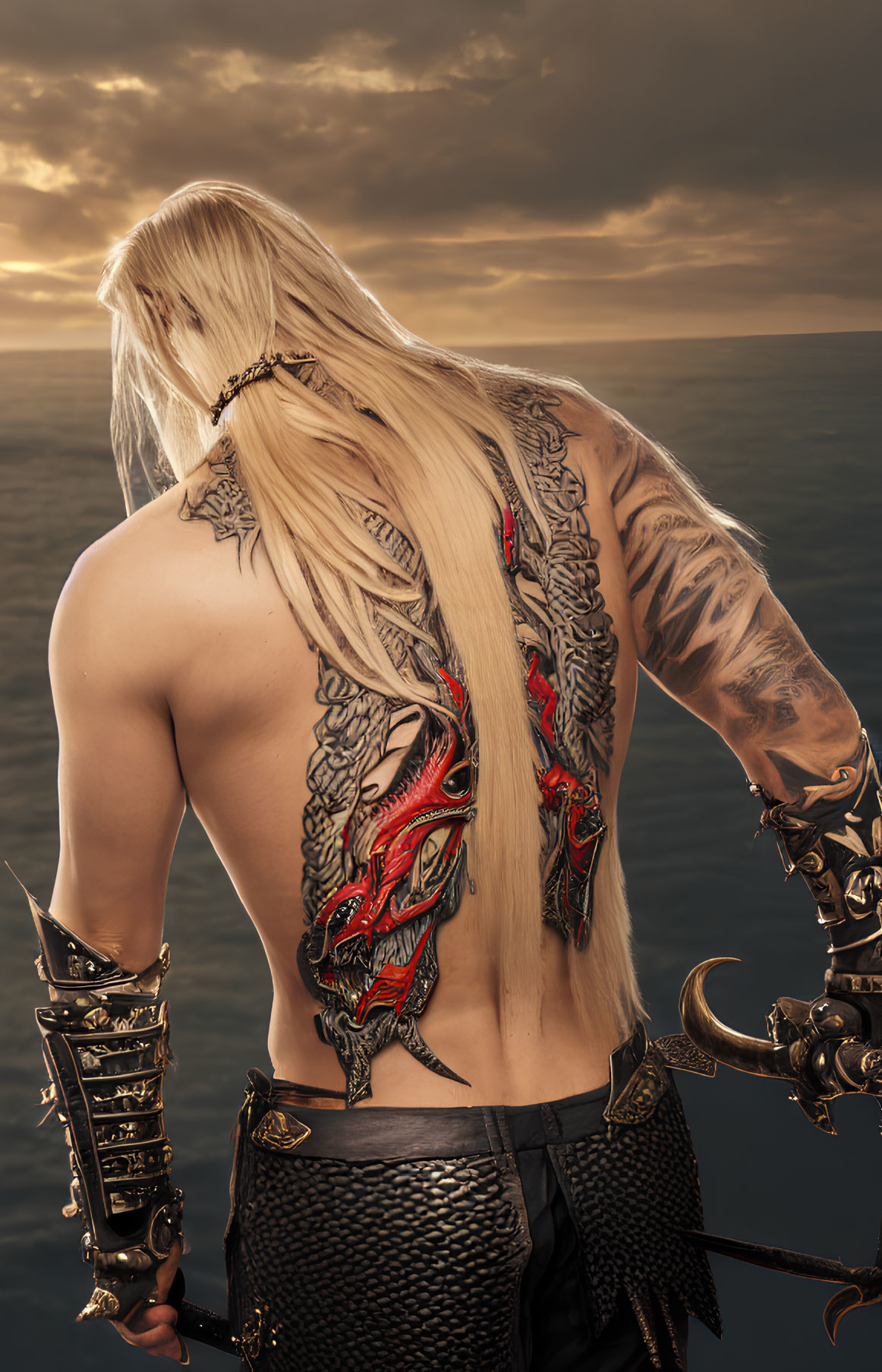 Blonde man with tattoos holding sword by the sea