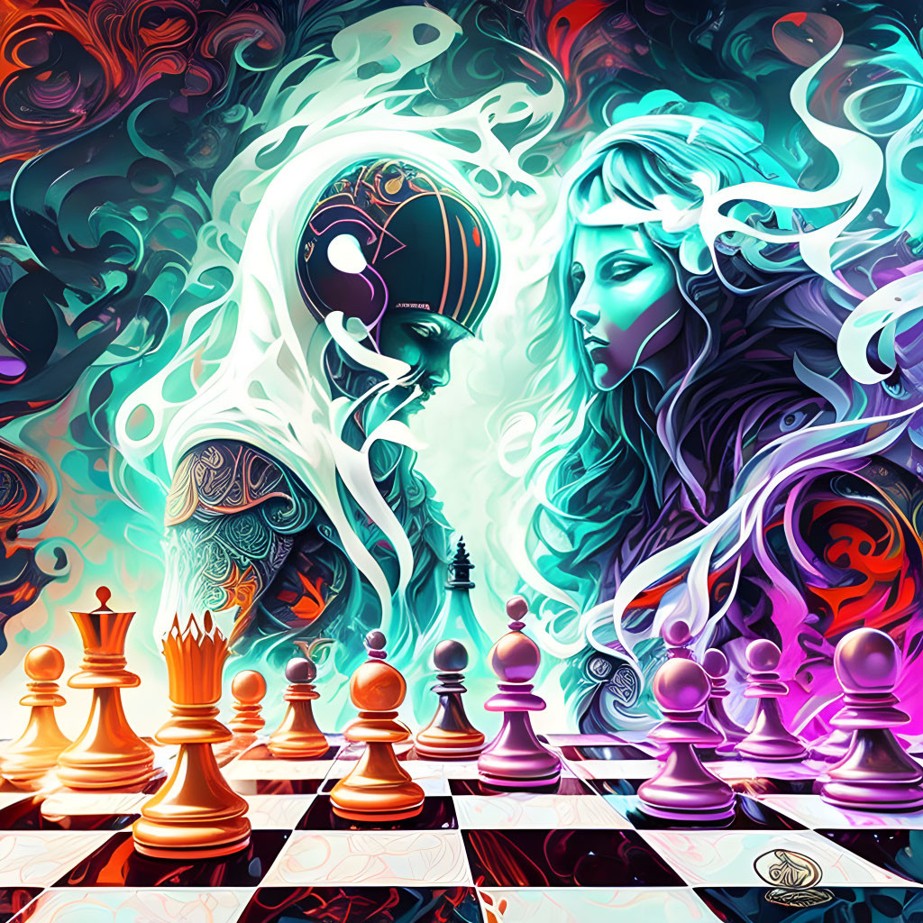 Colorful digital artwork of tattooed figures on chessboard