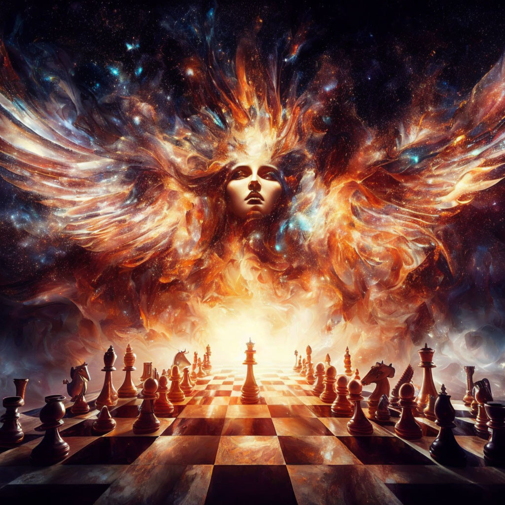 Mystical cosmic entity with fiery hair overlooking chessboard