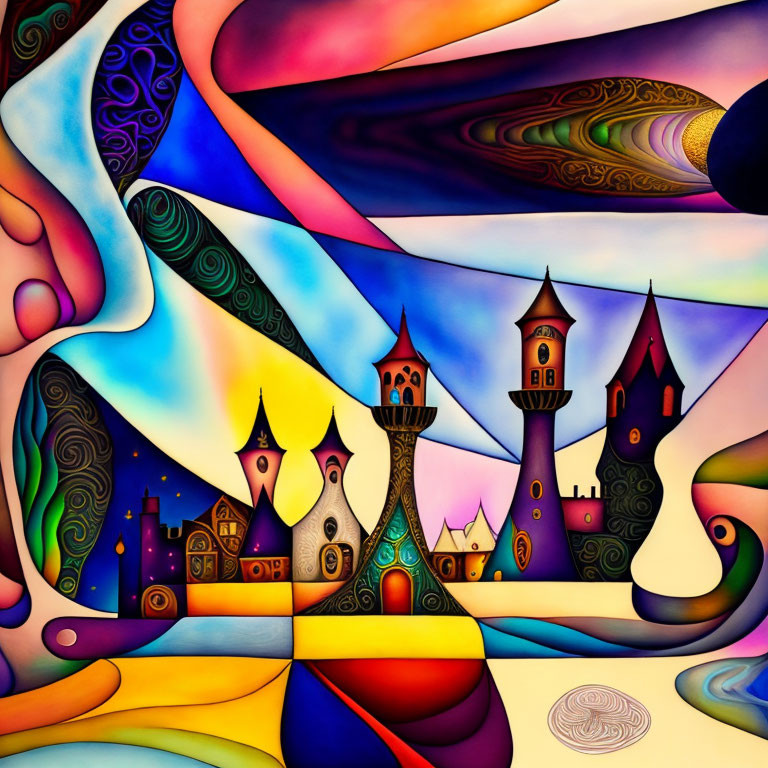 Colorful surreal landscape with whimsical castles and elongated spires