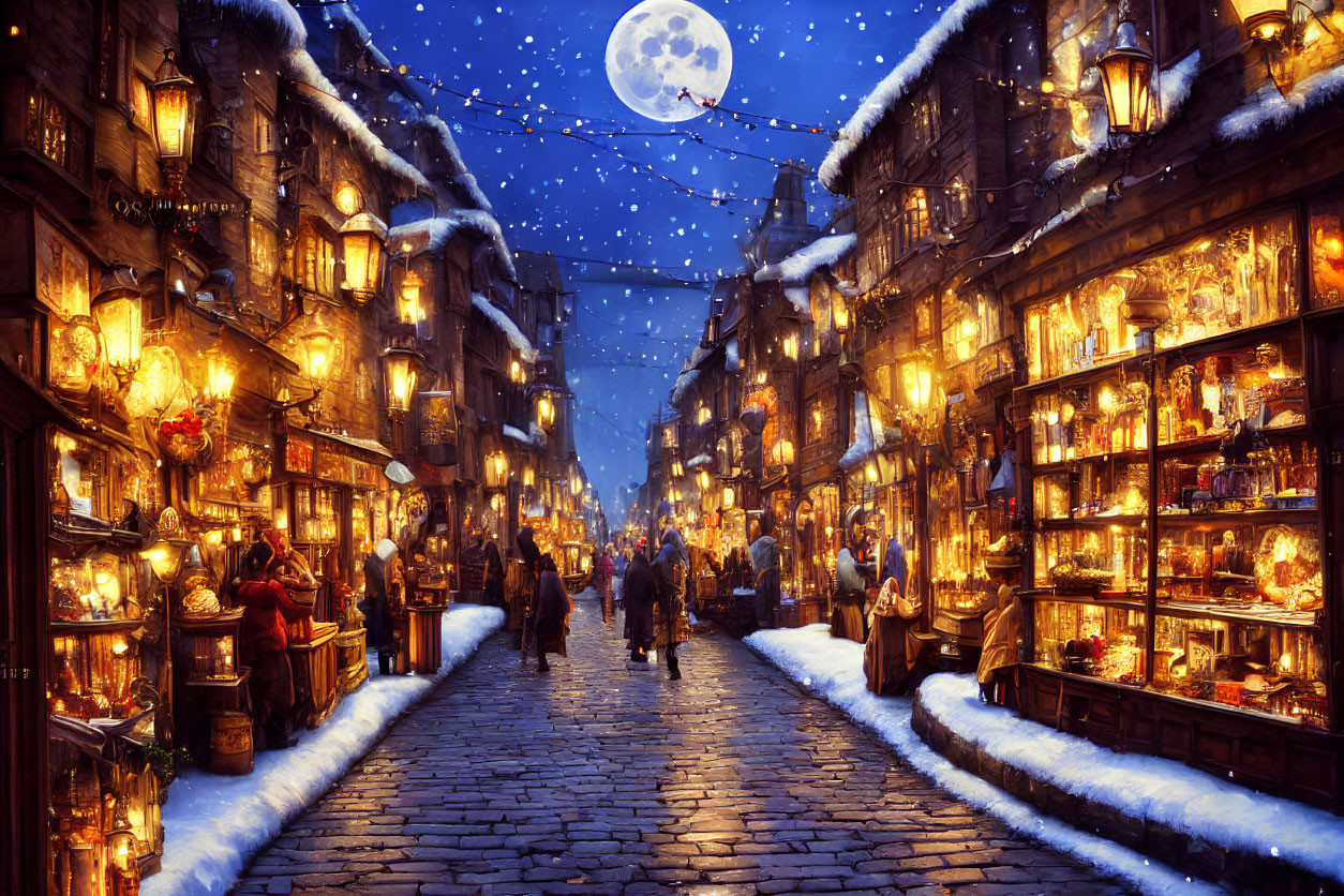 Snow-covered cobblestone street night market under full moon