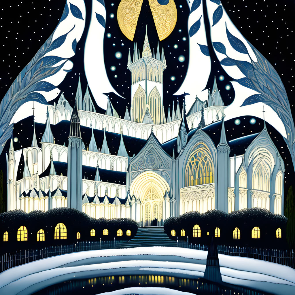 Whimsical castle illustration at night with spires, moon, and moat