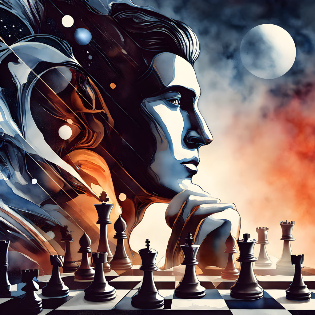 Profile of thoughtful person on cosmic background with chessboard and pieces.