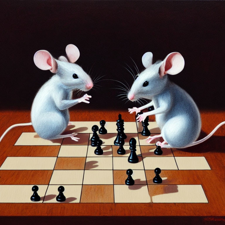 Illustrated mice playing chess on wooden table