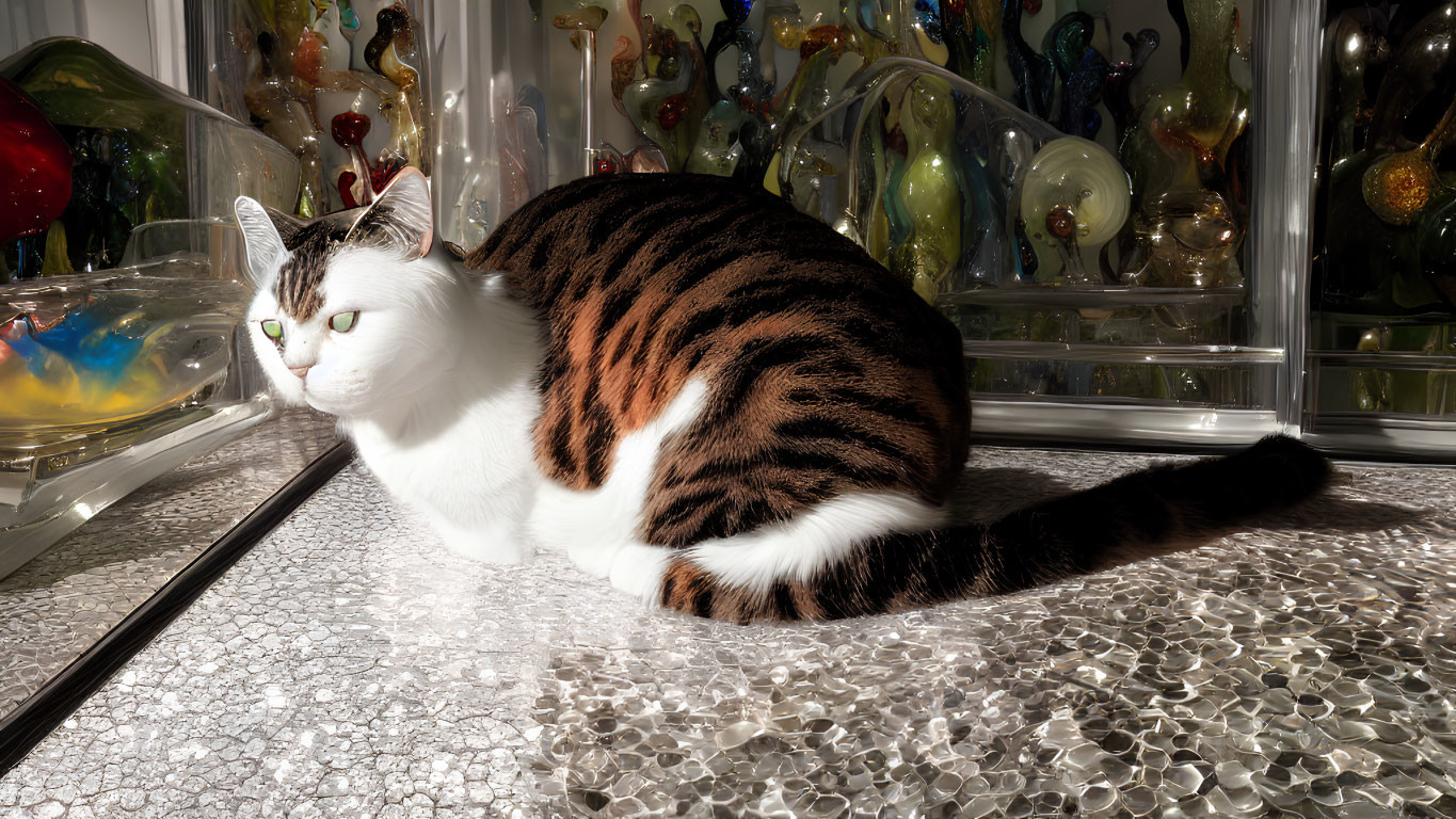 Brown and white striped cat with glass ornaments on reflective surface