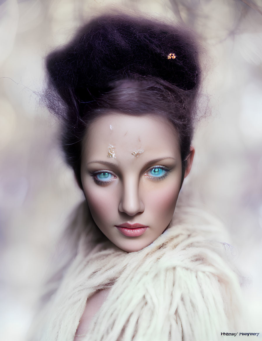 Portrait of Woman with Striking Blue Eyes and Dramatic Makeup