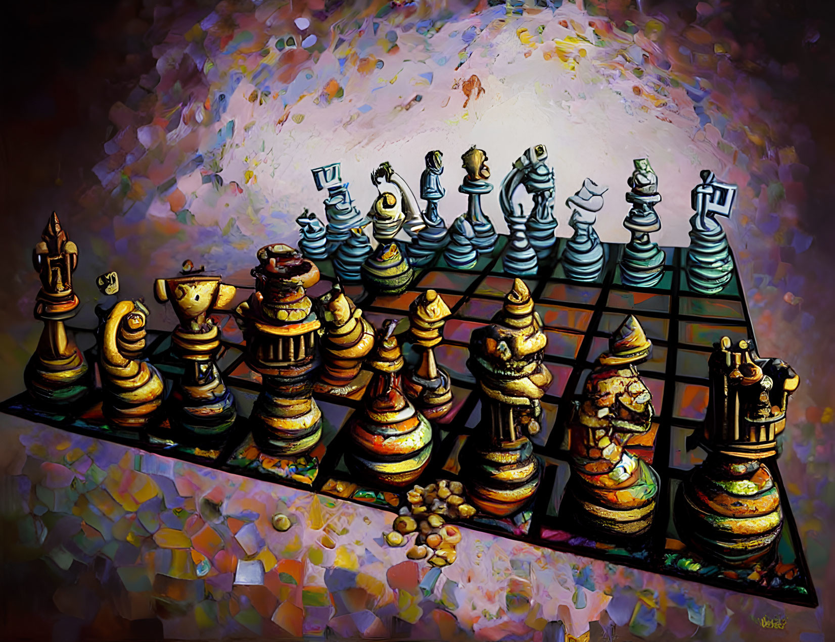 Colorful Stylized Chess Set Artwork with Unique Pieces on Abstract Background