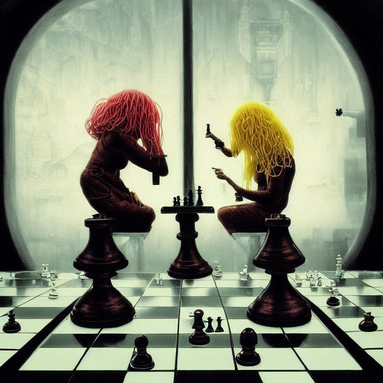 Giant figures with colorful hair playing chess in futuristic cityscape