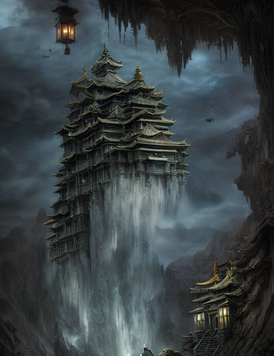 Majestic pagoda on narrow rock pillar with waterfalls, lanterns, and misty cliffs