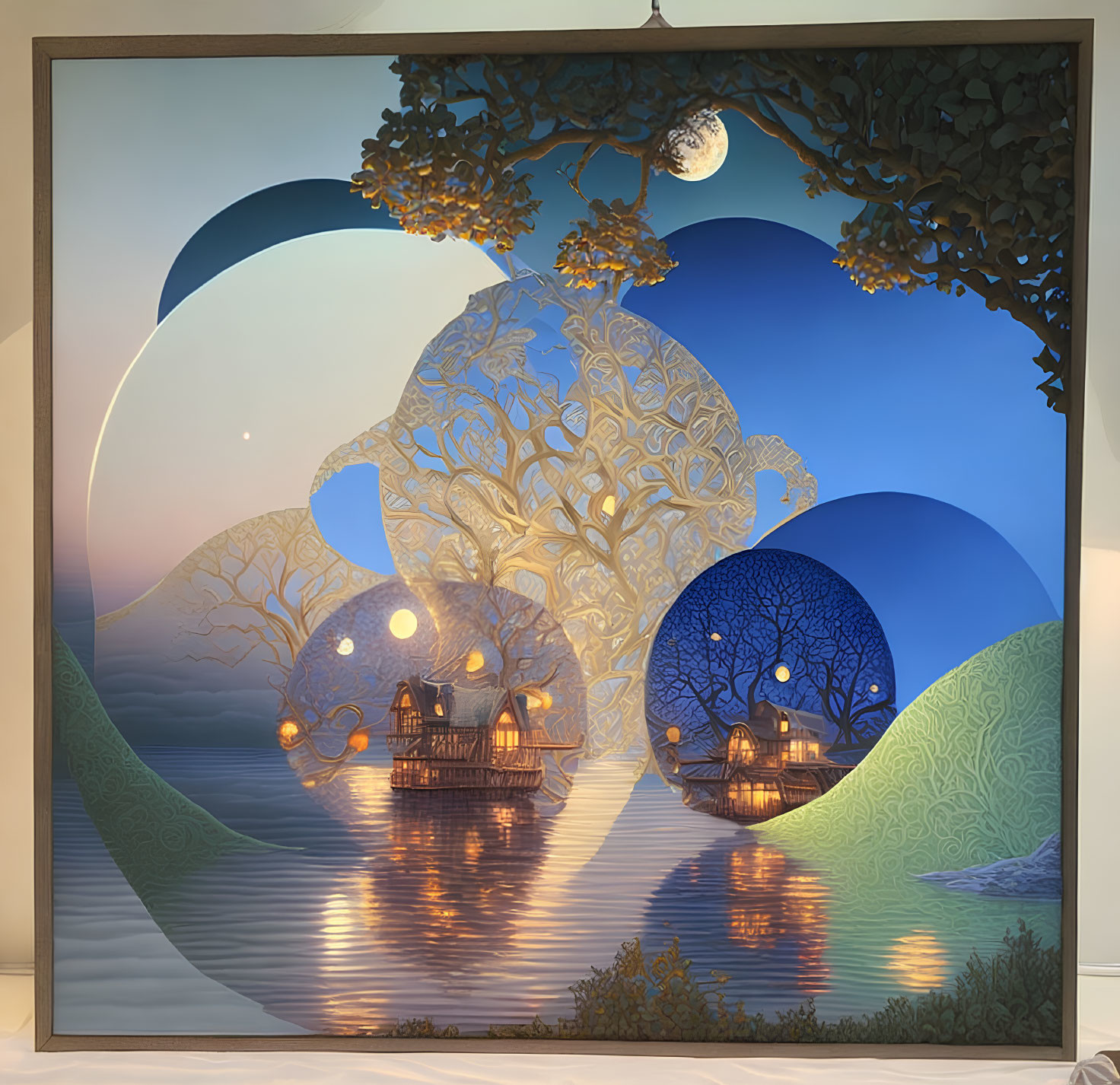 Surrealist nighttime scene with moonlit tree silhouettes and layered circular elements