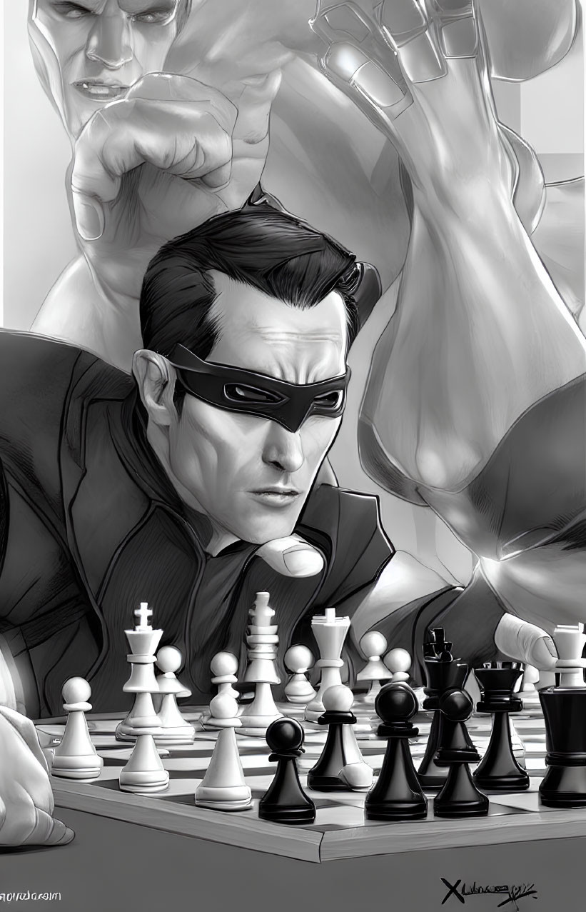 Monochrome chess player with visor and superhero figures in background