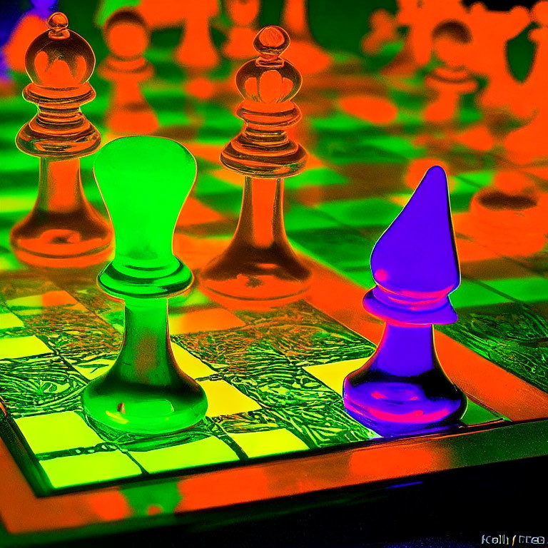 Neon-colored digital artwork of chess pieces on surreal board