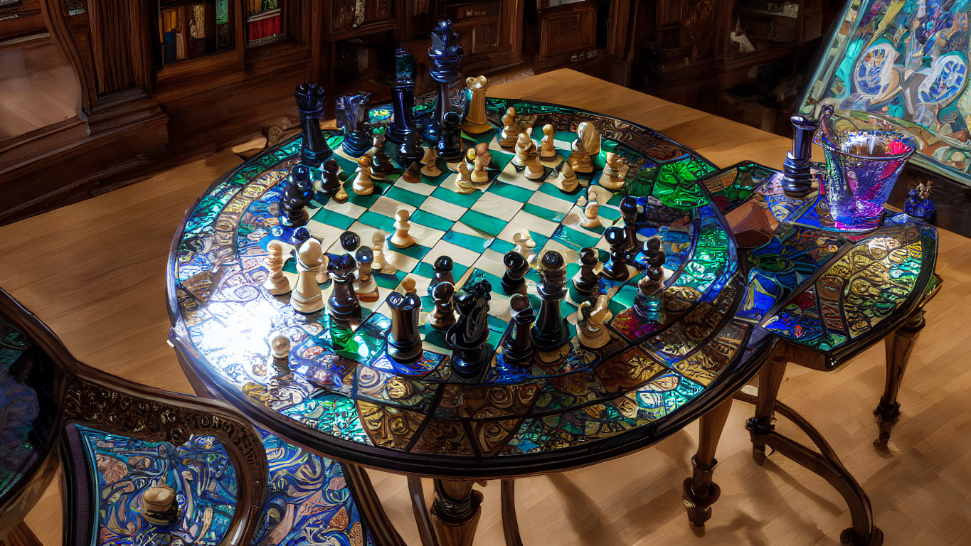 Intricate glass chessboard with midgame pieces on ornate wooden table