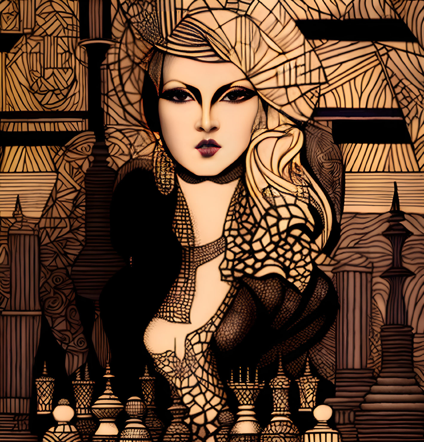 Ornate digital artwork of stylized female figure with bold makeup