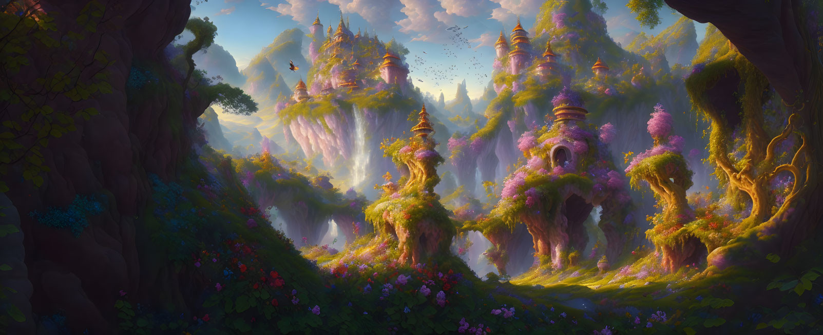 Enchanted forest with castles, waterfalls, trees, and sunset landscape