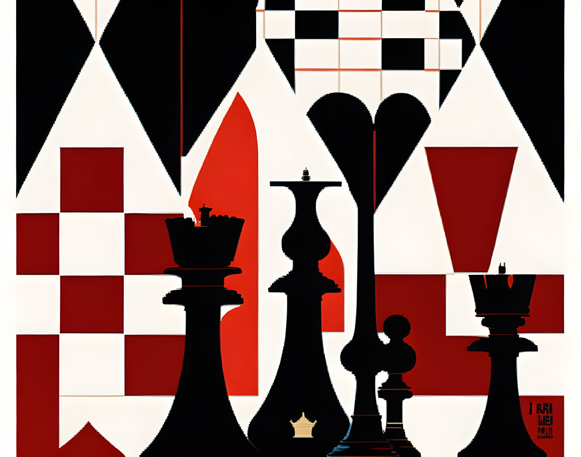 Geometric chess-themed artwork with black, white, and red elements