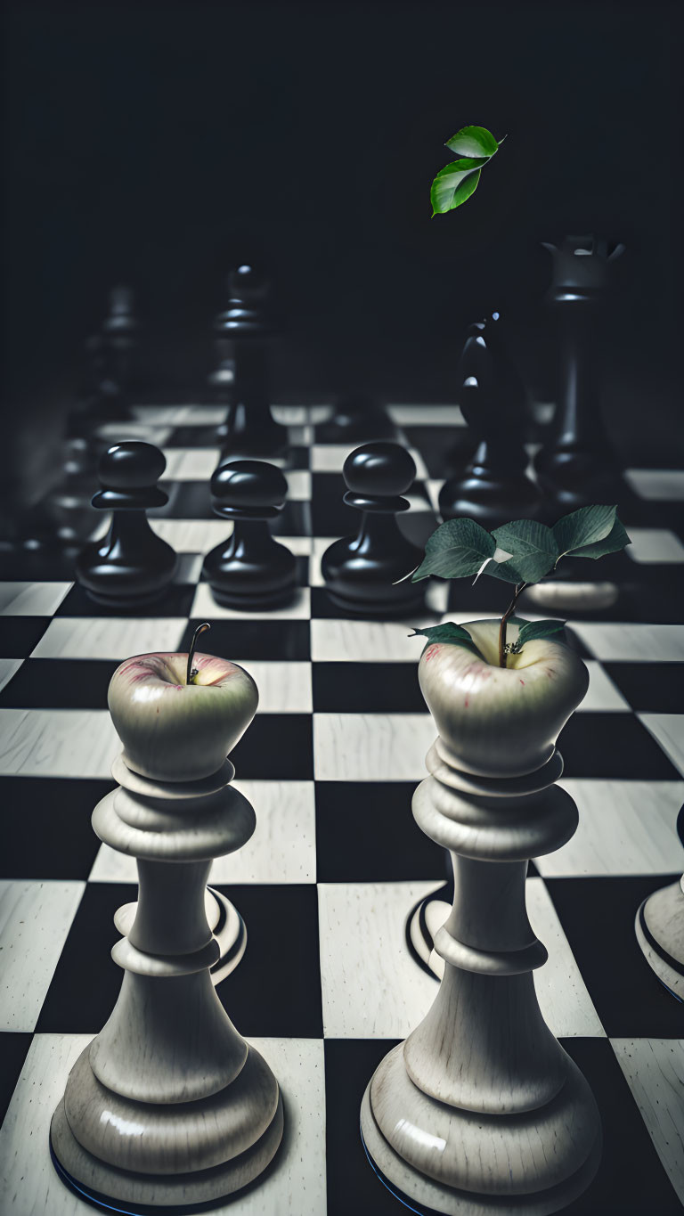 Chessboard with apple rook pieces and levitating leaf: concept of strategy and nature.