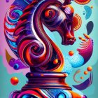 Abstract Unicorn Bust Artwork with Swirls and Orbs on Gradient Background