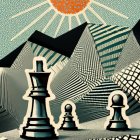 Chess pieces on patterned surface with hills and sun