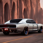 Vintage muscle car with two-tone paint in desert landscape