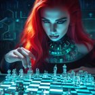 Illustration of mystical woman with red foliage hair, glowing mushroom, chessboard in surreal forest