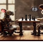 Panoramic steampunk chess game with anthropomorphic mice characters