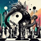 Fantasy-themed chessboard with yin-yang dragons and cosmic backdrop