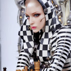 Futuristic humanoid robot playing chess with silver and black components