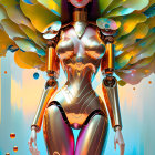 Colorful butterfly-like winged metallic female android on abstract blue backdrop