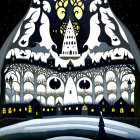 Whimsical castle illustration at night with spires, moon, and moat