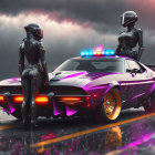 Futuristic motorcycle police officers with neon-lit car under stormy sky