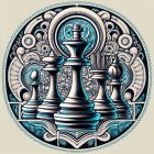 Stylized chess pieces in ornate circular motif