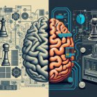 Digital image shows split human brain: grey mechanical parts on left, red tech-circuit design on right