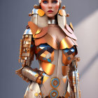 CG rendering of woman in ornate golden armor against cloudy sky