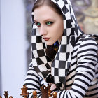 Sci-fi headdress woman with chessboard and clockwork background