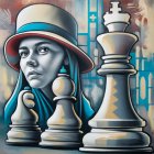 Stylized woman with hat and chess pieces in blue, white, and gold.