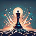 Surreal digital artwork: black chess queen on reflective surface with cosmic backdrop