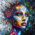 Colorful digital artwork featuring female face with jewel-like surface and crystal headdress.