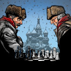 Men in religious attire play chess at Saint Basil's Cathedral.