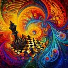 Colorful surreal digital art: chessboard and fractal pattern