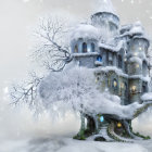 Enchanting treehouse in giant tree with glowing blue windows, mist, figures, and birds