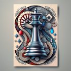 Blue chess piece on ornate board with spiralling checker pattern and floating spheres