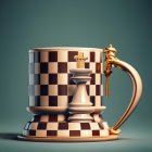 Chessboard Pattern Mug with Golden Pawn Handle on Teal Background